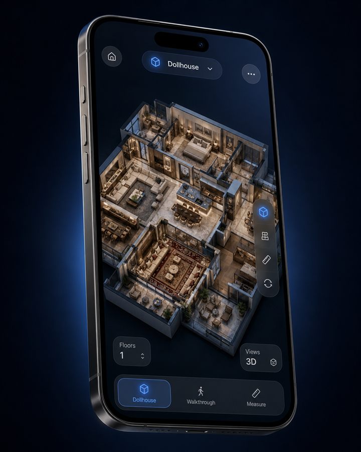Phone showing the AR viewer's dollhouse mode with a furnished floor plan.