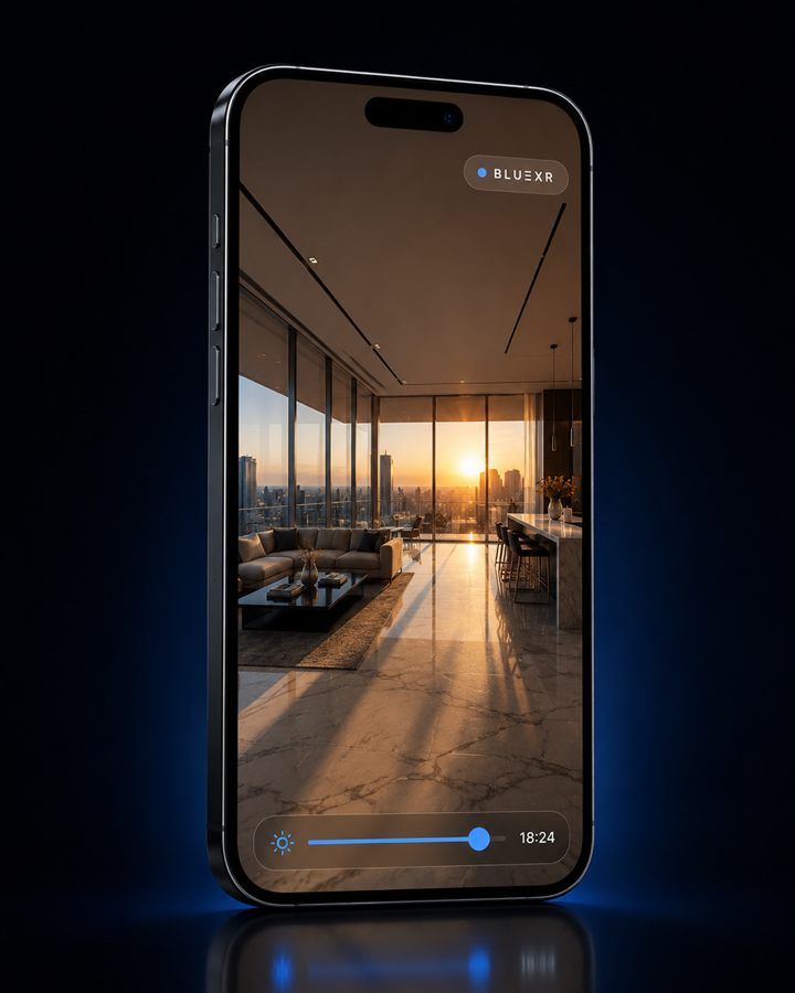 Phone showing the AR viewer with the time-of-day lighting slider.