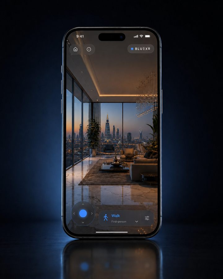 Phone showing the AR viewer's first-person walk mode inside the unit.